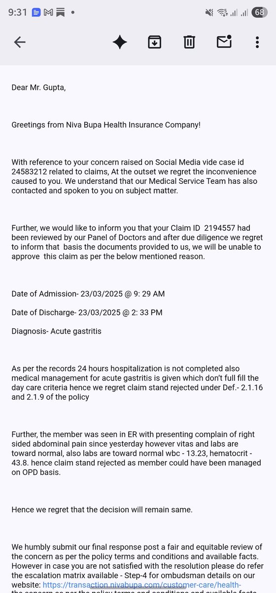 OptionsExpert_'s tweet photo. Again my claim got rejected with same reason  5 th time @Niva_Bupa

Why your team is not understanding a simple thing?

I have reassure 2.0 its clearly mentioned

"Allows you to get coverage for all hospitalisation which are more than 2 hours"

I need answer for that https://t.co/PhY8Rg2G3L