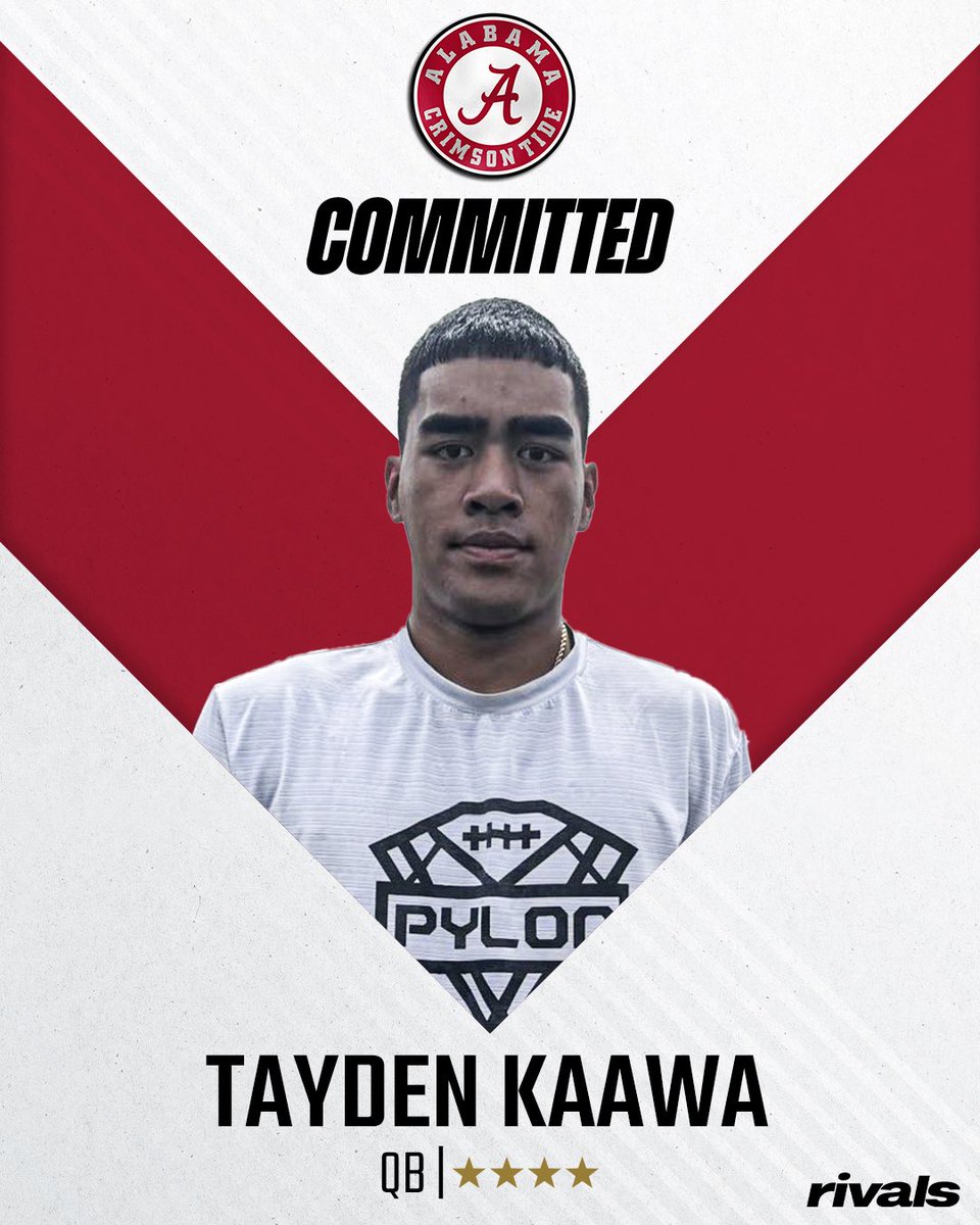Rivals's tweet image. 🚨BREAKING🚨 Rivals 4-star QB Tayden Kaawa has committed to Alabama🐘
Read: on3.com/rivals/news/al…