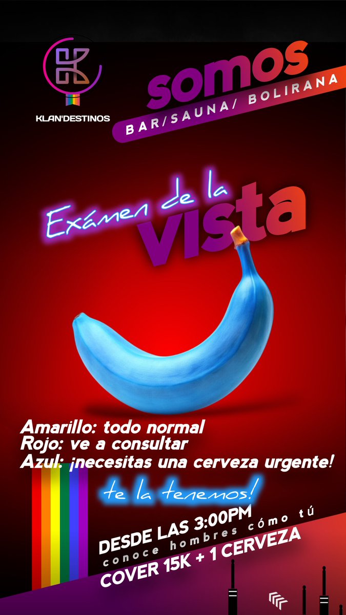 Hola, 👋 Bienvenido a KLAN'DESTINOS 🏳️‍🌈
Un ambiente para hombres cómo tú.
HOY  SAUNA Y PARTIDO 
COVER 15K + una cerveza 🍺 
📲 3245272269
🏳️‍🌈📌 TRANSVERSAL 13 N 37 – 09 piso 3, BARRIO RINCON DE SANTA FE (SOACHA) TERREROS
