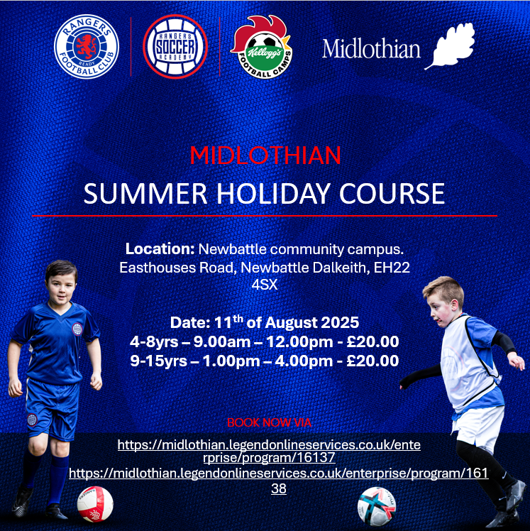 midgov's tweet image. ⚽ One day. Big memories.
Join Glasgow Rangers coaches at Newbattle Campus for a fun-filled football camp on Monday 11 August.
👧 Ages 4–8: 9am–12pm: ow.ly/emT950WtpjZ
🧒 Ages 9–15: 1pm–4pm: ow.ly/nLll50WtpjY
🎟️ £20 per child – includes a certificate!