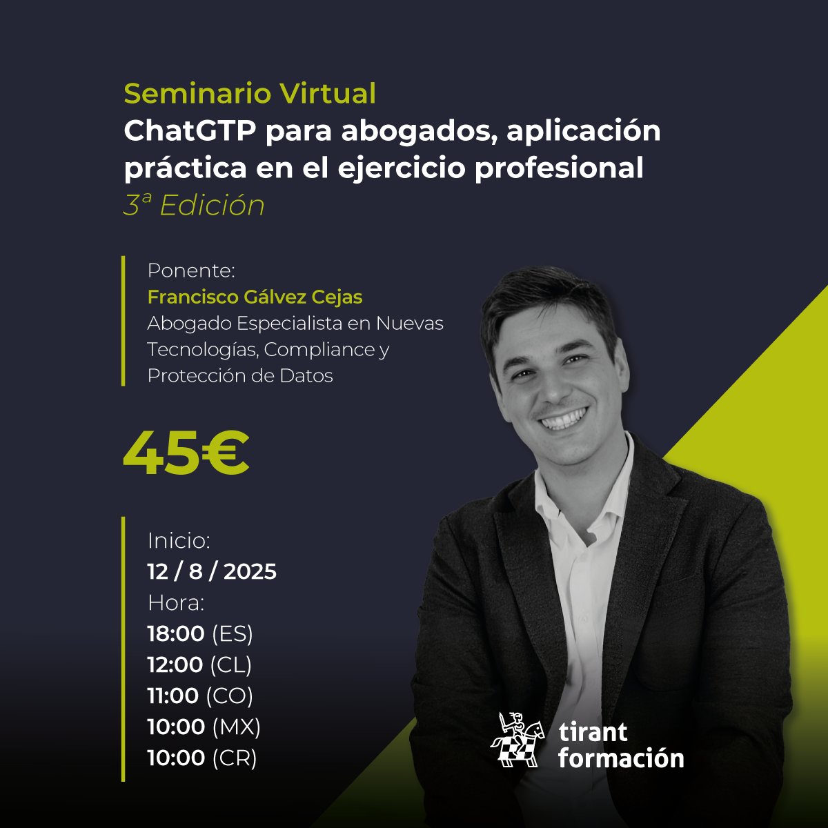 Tirant_ESP's tweet image. 🤖 Tras las dos exitosas ediciones y más de 300 inscritos, llega la 3️⃣ª edición del Seminario de ChatGPT para abogados, hemos abierto una nueva edición.

#Seminario 🎓 ChatGPT para abogados, aplicación práctica en el ejercicio profesional, impartido por Francisco Gálvez Cejas.…