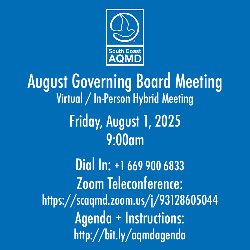 SouthCoastAQMD's tweet image. Tune in to the Live Webcast of our August Governing Board Meeting next Friday morning on Zoom, Facebook Live (@SouthCoastAQMD) and our YouTube Channel: bit.ly/aqmdwebcast
