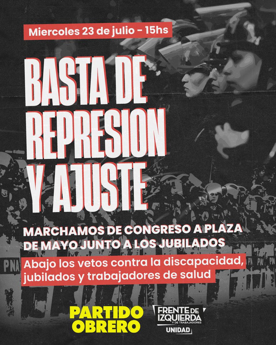 PartidoObrero's tweet image. 💥Basta de represión y ajuste
Este miércoles marchamos de Congreso a Plaza de Mayo junto a jubilados, personas con discapacidad y trabajadores de salud
📍23/6 - 15hs