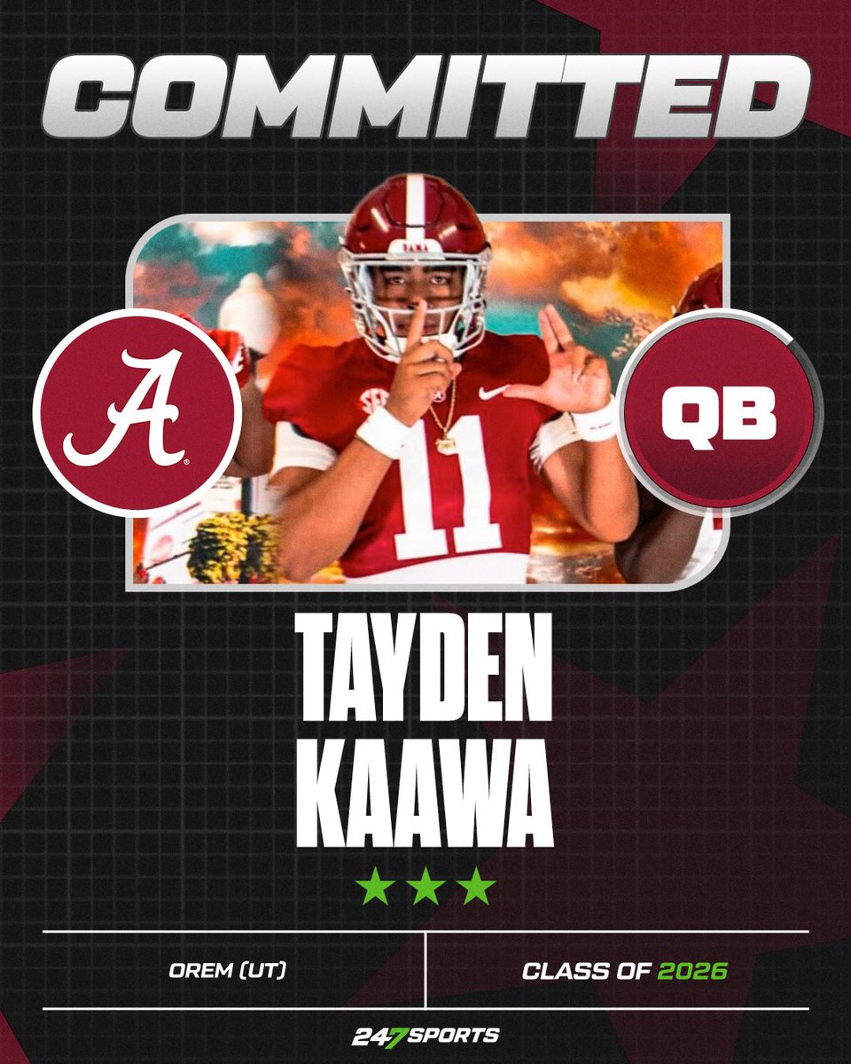 BrettGreenberg_'s tweet image. BREAKING: Hawaii native Tayden Kaawa has committed to Alabama over BYU!
6-foot-5 quarterback added an offer from the Crimson Tide on June 11 & took an official visit June 20-22 weekend.
Second QB in the class.
20th commitment for Kalen DeBoer & Co.
🐘 bit.ly/4l0B0pz