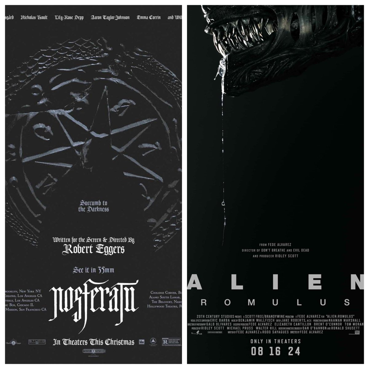 Which film would you rather watch? 👀🤔

-Nosferatu (2024)

-Alien Romulus (2024)