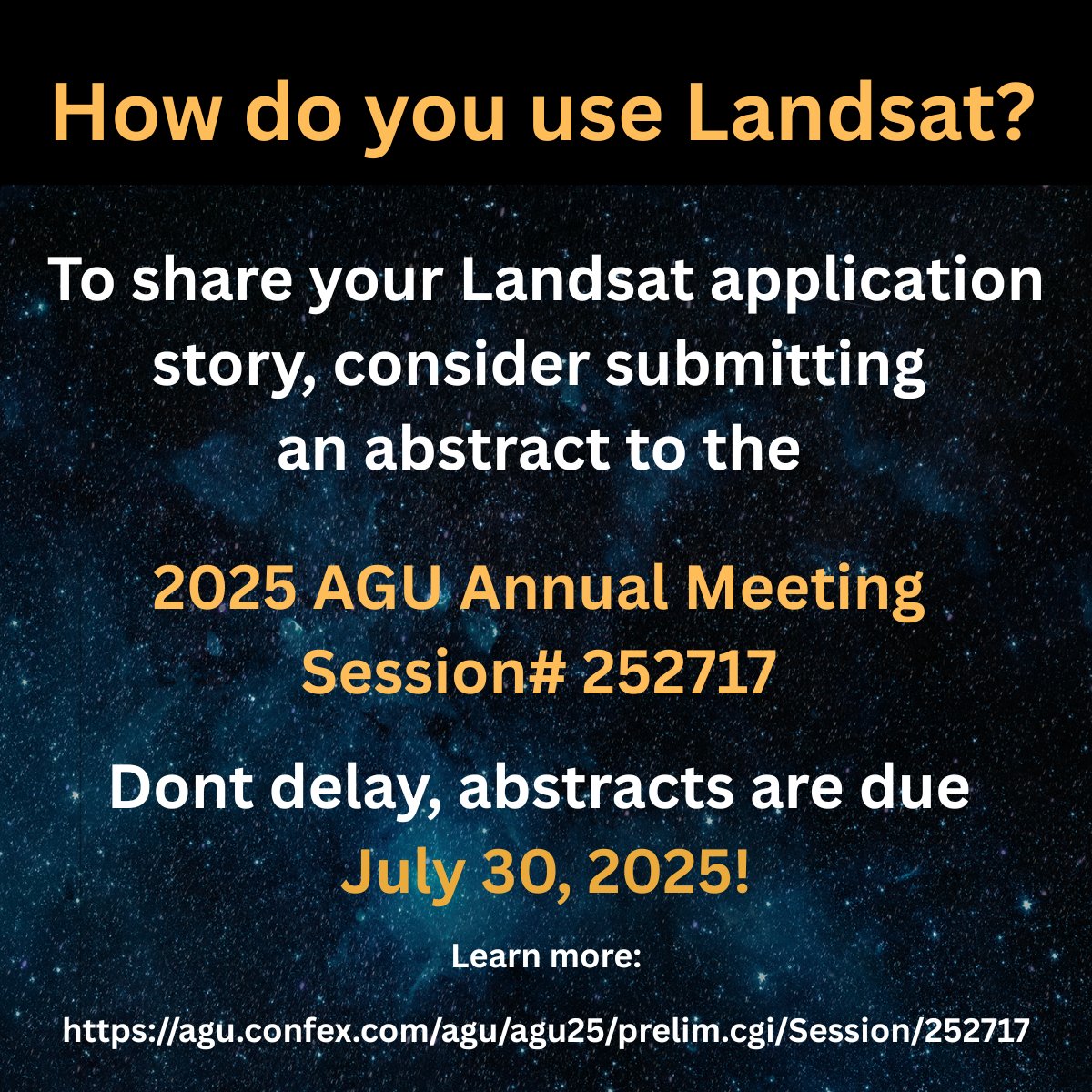 💥DEADLINE IS JULY 30!💥
How do you use Landsat?  Consider sharing your Landsat application stories in the 'Unlocking Value with Landsat and Landsat Next' session at the upcoming #AGU25 Annual Meeting (Dec 15-19  - in New Orleans!).  Learn more here: ow.ly/9LfZ50WrPeN.