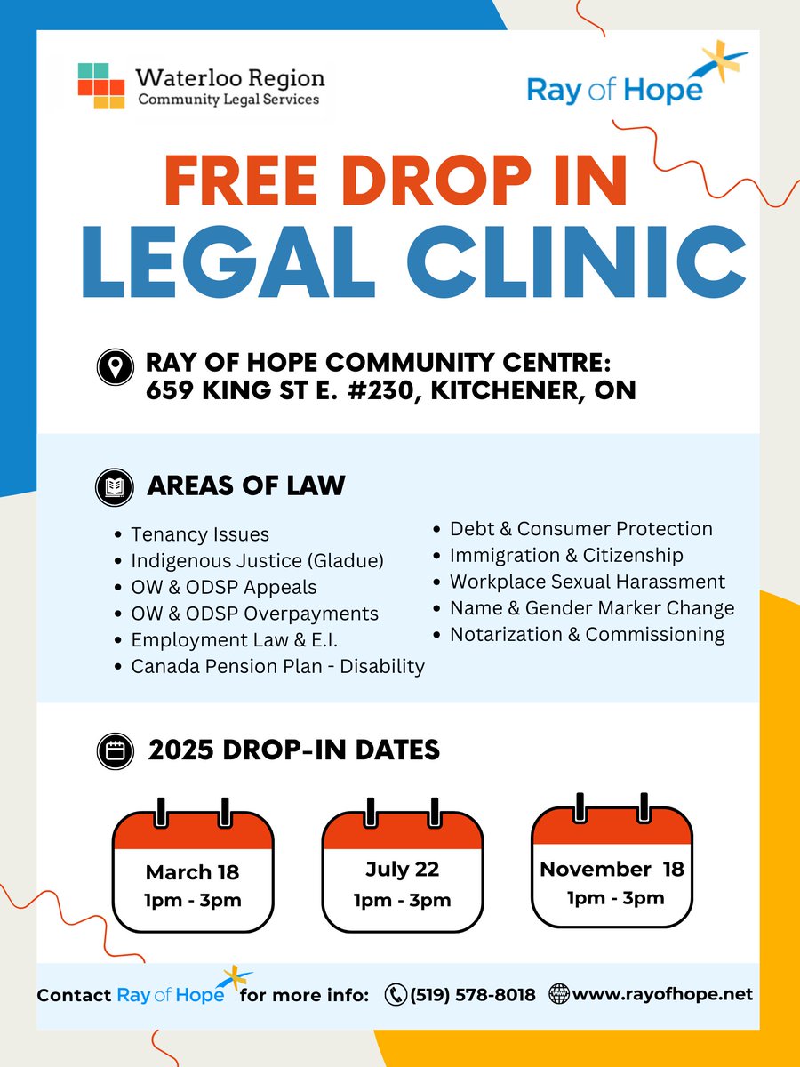 We will be at Ray of Hope Inc. Community Centre today from 1pm to 3pm for a free Drop-in Legal Clinic. All are welcome. 

If you can't make it today, we will be back on November 18, 2025.