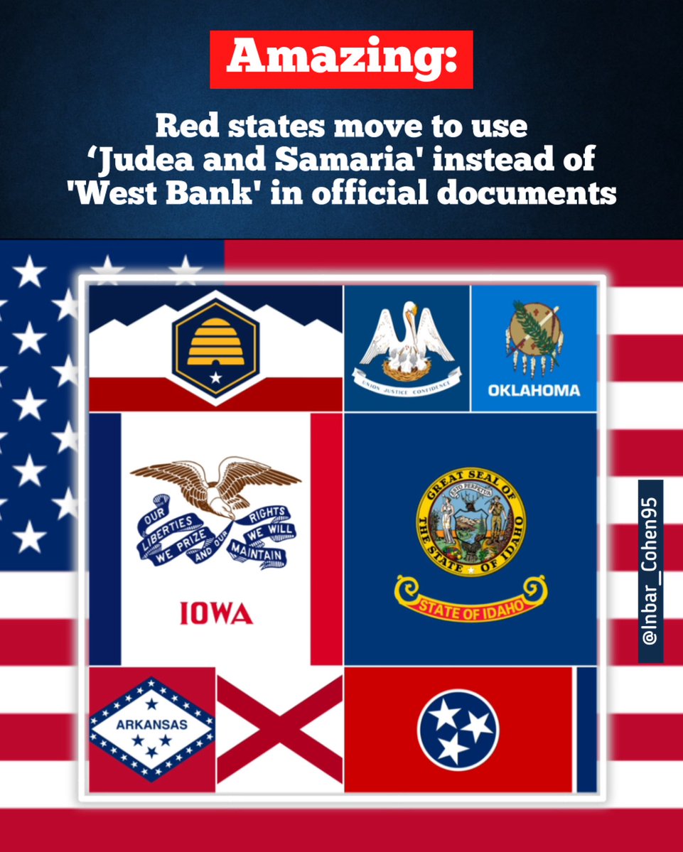 InbarCohen13's tweet image. A growing number of U.S. states are standing with truth and history and calling the land by its real name: Judea and Samaria, not the โWest Bank.โ
Following Arkansas, legislators in Utah, Tennessee, Alabama, Louisiana, Idaho, Iowa, and Oklahoma are pushing new laws to officiallyโฆ