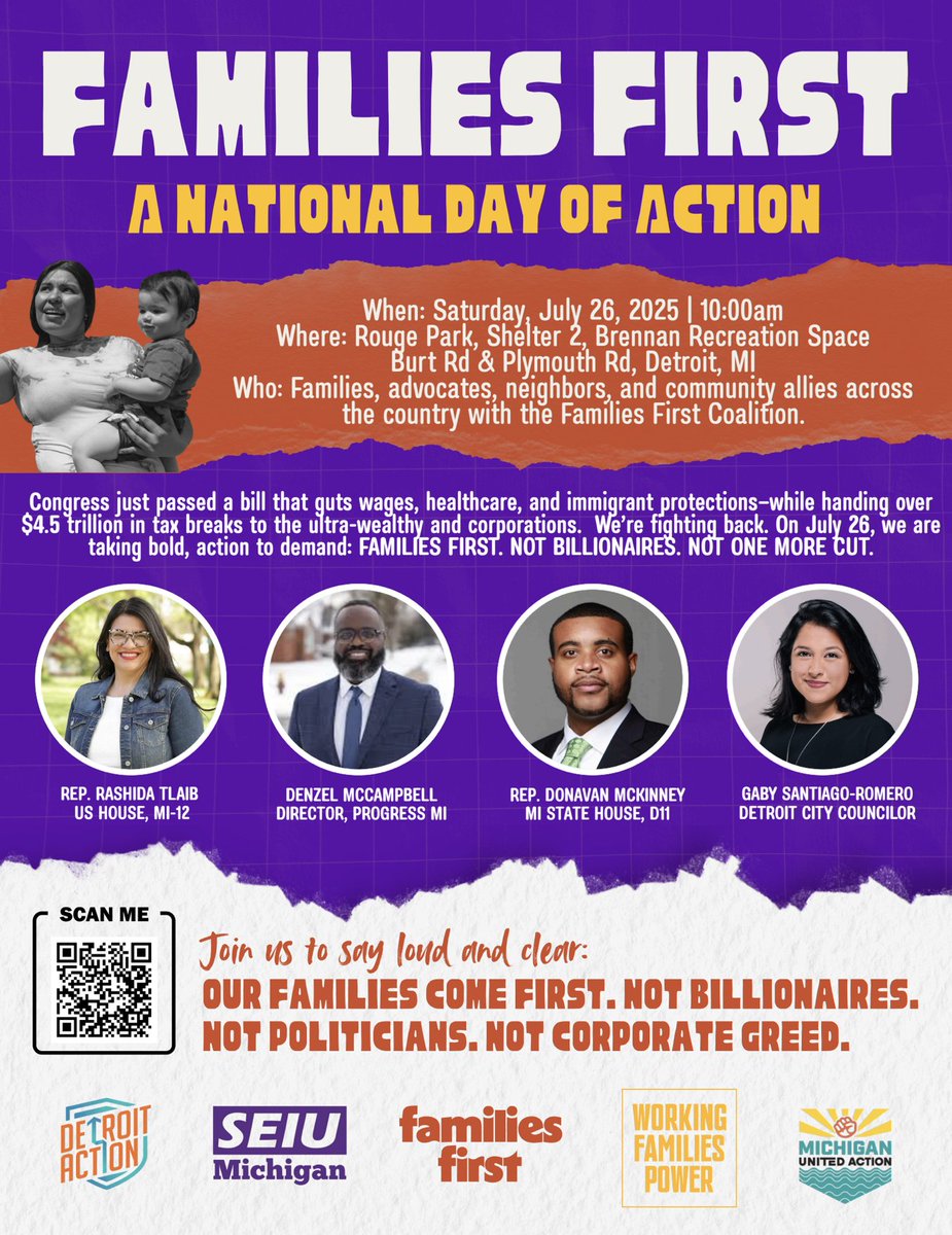 MIAFLCIO's tweet image. This Saturday, Americans across the country will come together to say our families come first—not billionaires, not authoritarians, and not corrupt politicians.
Join us in Detroit: mobilize.us/familiesfirst/…