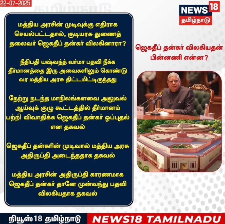 தன்கர் பதவி விலகல் என்பது, குடியரசுத் தலைவர் மற்றும் துணை குடியரசுத் தலைவர் பதவிகளின் அதிகார வரம்பின் எல்லையை காட்டுகிறது. உண்மையான அதிகாரம் மக்களால் தேர்ந்தெடுக்கப்பட்ட அரசுக்கே உள்ளதே தவிர, காலனியத்தின் எச்சமாக உள்ள இது போன்ற ரப்பர் ஸ்டாம்ப் பதவிகள் இல்லை.
+