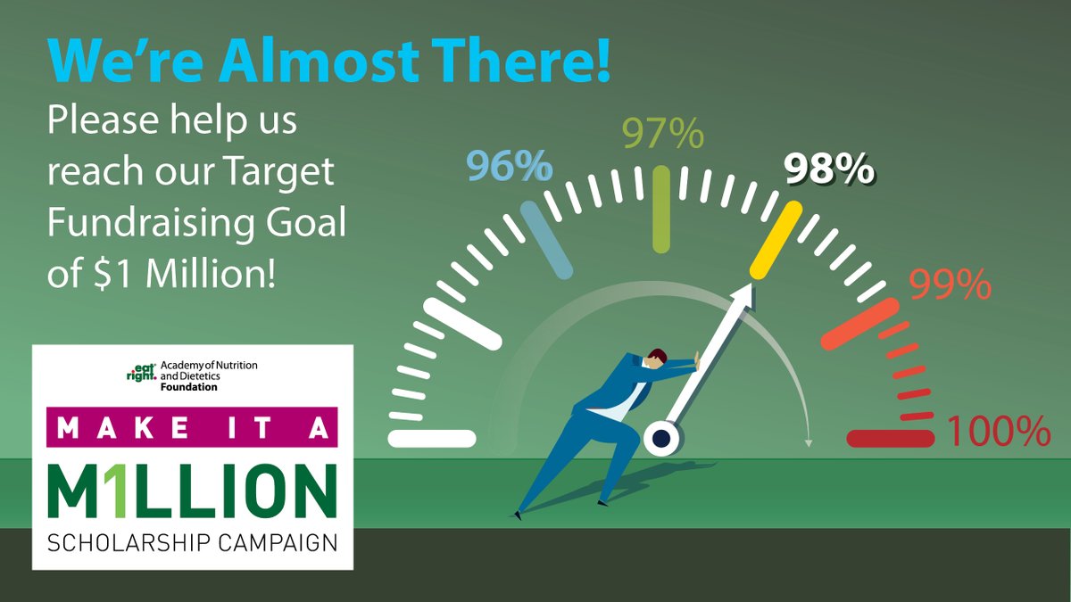 eatrightPRO's tweet image. 🌡️ The #eatrightPRO Foundation is currently at 98% of their goal in their #MakeIt1Million Scholarship Campaign, which aims to award $1 million in  scholarships!

 🏁 Your gift can make a difference and push them over the finish line!

 🙏 Give today: sm.eatright.org/MI1M
