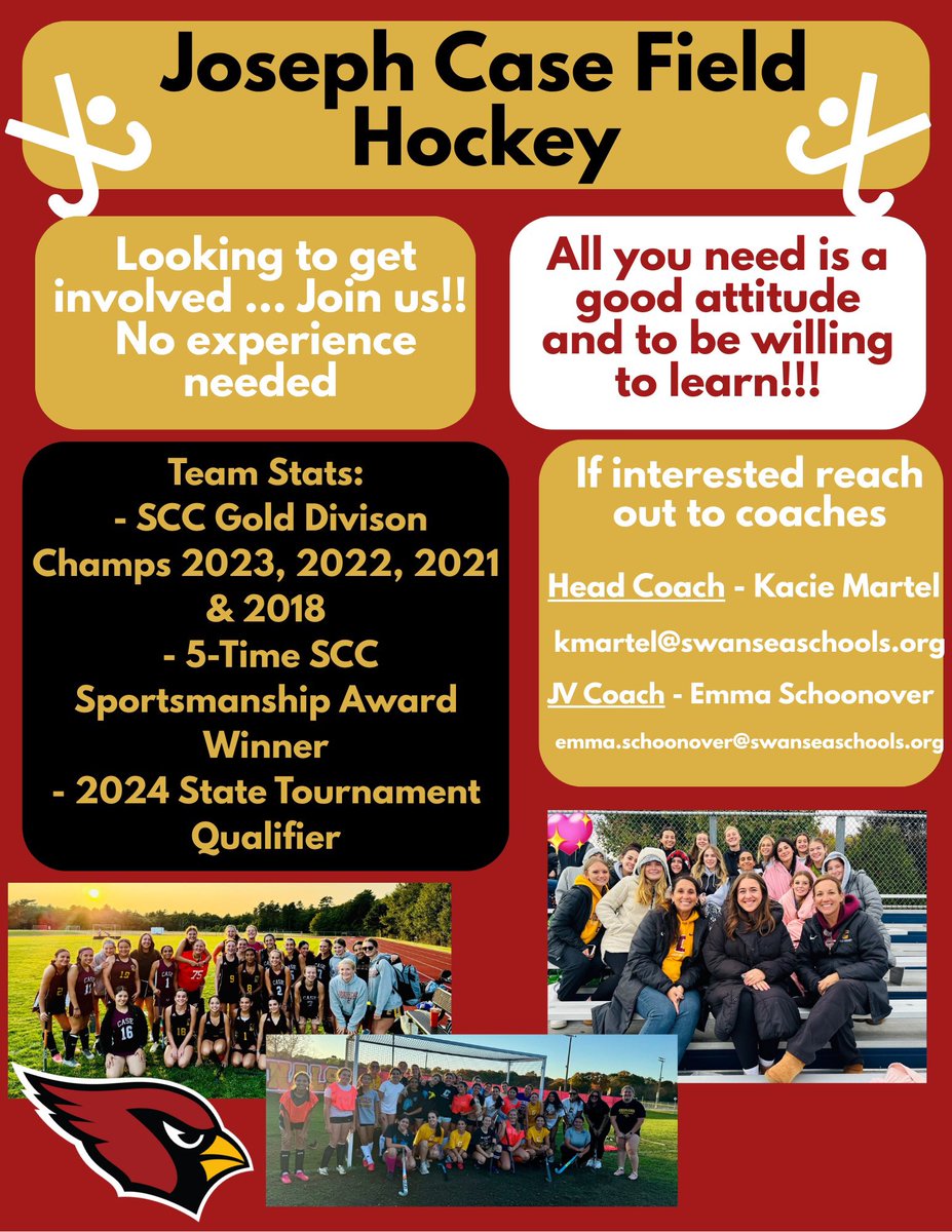 If you are entering 7-12th grade this Fall, come join our program! No experience necessary! Reach out and come have some fun!! 🏑❤️ <a href="/DrTGreene/">Tammy Greene, EdD</a> <a href="/Emmaschoony7/">Emma</a> <a href="/CaseSports/">Joseph Case HS Athletics</a>