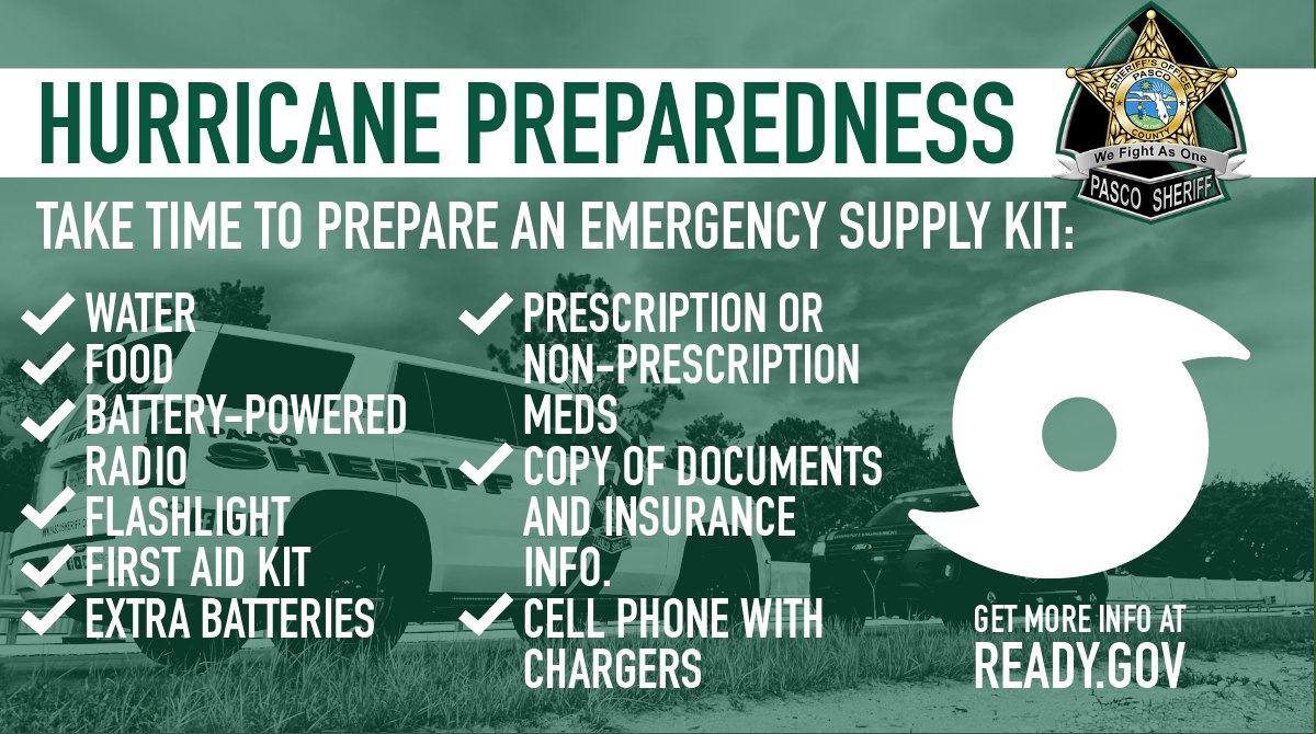 PascoSheriff's tweet image. Pasco Sheriff's Office encourages citizens to prepare hurricane kits and stay stocked up on essential items throughout hurricane season. Florida is frequently affected by hurricanes that can cause significant damage. PSO is providing a list of essential emergency supply kit items…