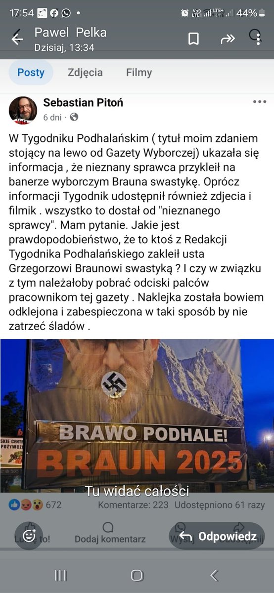 Kolega Brauna, Sebastian Pitoń, twórca Góralskiego Veta domaga sie zdjęcia linii papilarnych dziennikarzy Tygodnika Podhalańskiego. Szuka winnych powieszenia swastyki na bilbordzie brauna, który straszy kierowców wyjeżdżających z Zakopanego w kierunku Kościeliska. #Zakopane