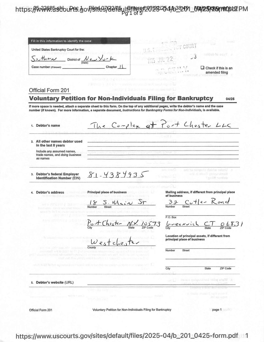 _RKConsultants's tweet image. The Complex at Port Chester LLC Files Chapter 11 Bankruptcy
🚨 BANKRUPTCY FILING ALERT 🚨
THE COMPLEX AT PORT CHESTER LLC
Chapter 11 - Southern District of New York
Filed: July 22, 2025
Case No. 25-22685
📊 Assets: $10M-$50M | Liabilities: $10M-$50M | Total Creditors: 1-49 |…