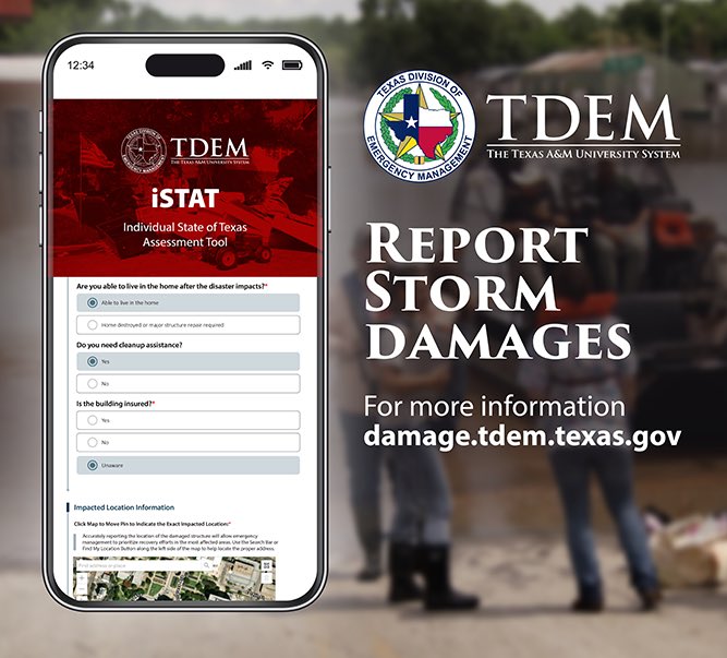 TDEM's tweet image. The recent flooding affected many communities throughout the state.
Report property damage online: damage.tdem.texas.gov
Your report helps officials assess damage, support recovery efforts and determine TX’s eligibility for various forms of federal disaster assistance.
#txwx