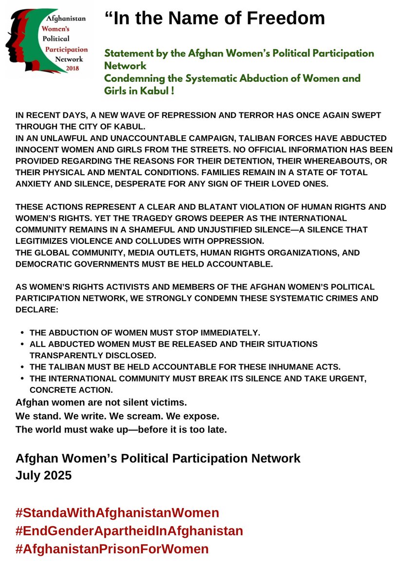 WomanProtesters's tweet image. اعلامیه شبکه مشارکت سیاسی زنان افغانستان در محکومیت ربایش سیستماتیک دختران در کابل!
#همبستگی_با_زنان_افغانستان #پایان_آپارتاید_جنسیتی_در_افغانستان #افغانستان_زندان_زنان #StandWithAfghanistanWomen #EndGenderApartheidInAfghanistan #AfghanistanPrisonForWomen