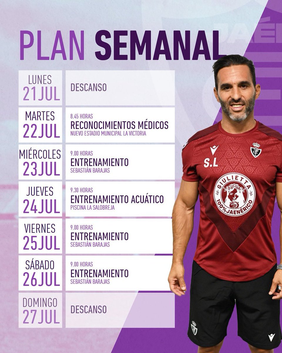 RealJaenCF's tweet image. 📋 | 𝗣𝗟𝗔𝗡 𝗦𝗘𝗠𝗔𝗡𝗔𝗟 - 𝗦𝗲𝗺𝗮𝗻𝗮 𝟭 𝗣𝗿𝗲𝘁𝗲𝗺𝗽𝗼𝗿𝗮𝗱𝗮
🗓️ 21 al 27 de julio
💜 𝙀𝙨𝙩𝙚 𝙚𝙨 𝙚𝙡 𝙥𝙡𝙖𝙣𝙣𝙞𝙣𝙜 𝙙𝙚 𝙚𝙣𝙩𝙧𝙚𝙣𝙖𝙢𝙞𝙚𝙣𝙩𝙤𝙨 𝙥𝙖𝙧𝙖 𝙡𝙖 𝙥𝙧𝙞𝙢𝙚𝙧𝙖 𝙨𝙚𝙢𝙖𝙣𝙖 𝙙𝙚 𝙡𝙖 𝙥𝙧𝙚𝙩𝙚𝙢𝙥𝙤𝙧𝙖𝙙𝙖 🏋🏽💪🏽
#RealJaén2526 #VolverAsentir