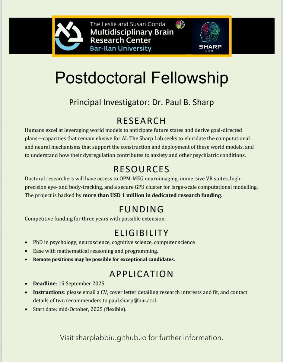 paul_b_sharp's tweet image. We also have 🚨2 open PostDoc 🚨 positions for those with strong coding and math backgrounds. See official ad below. Competitive funding for at least 3 years with the option to extend.
#cognitivescience #postdoc #computationalneuroscience
