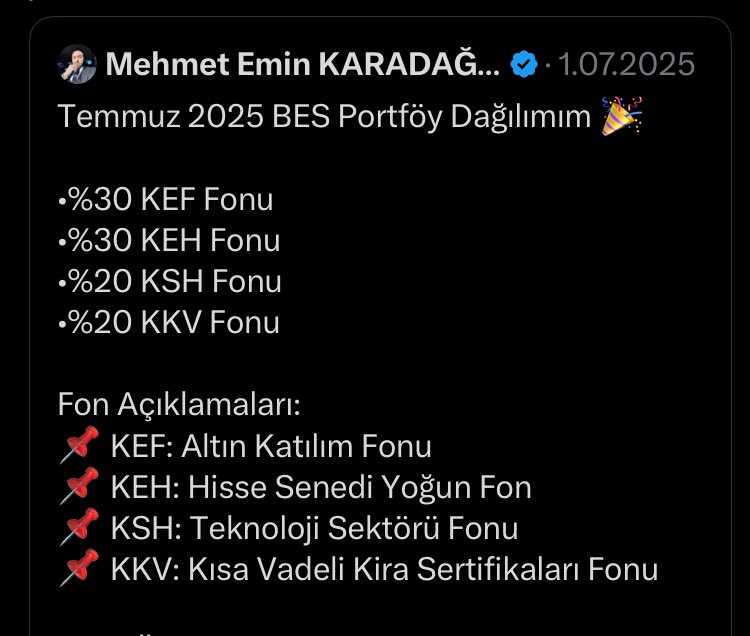 Bu ayki fon dağılımını Yapay Zeka ile oluşturmuştum. Bilin bakalım 1 aylık getiride en çok yükselen 2 fon hangisi? 😉

Portföyün %60’ını oluşturan KEH ve KSH fonları %17 ve %13’lük getiri ile Katılım Emeklilik (<a href="/katilimemek/">Katılım Emeklilik</a>) fonları arasında en zirvedeler 🤗

Portföydeki diğer 2