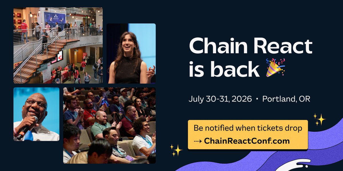 ChainReactConf's tweet image. You asked (a lot). And the answer is yes…
Chain React is BACK 🎉 July 30-31, 2026 · Portland, OR
Presented by @infinite_red and @expo
Be the first to know when tickets drop 👇
chainreactconf.com