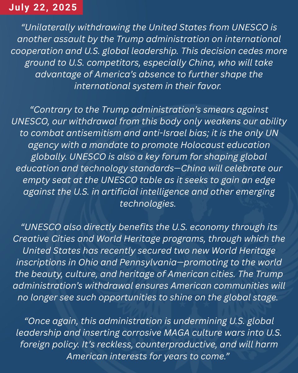 HouseForeign's tweet image. Statement from Ranking Member @RepGregoryMeeks on the Trump administration withdrawing the United States from @UNESCO: