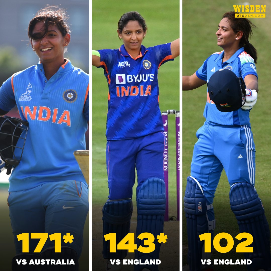 WisdenCricket's tweet image. Harmanpreet Kaur becomes the first visiting batter to score three Women's ODI centuries in England 👏
#ENGvIND #Cricket