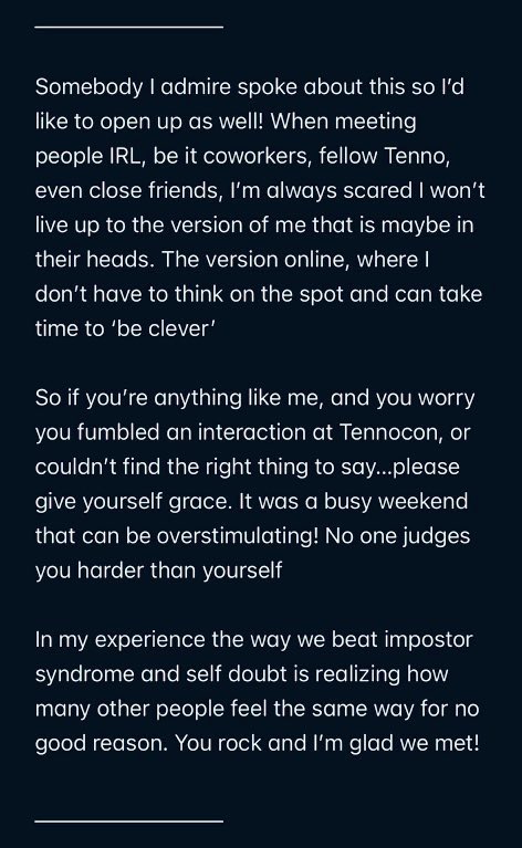 CoreyOnline's tweet image. Somebody I admire spoke about this so I’d like to open up as well!
When meeting folks IRL, be it coworkers, fellow Tenno, even close friends, I’m always scared I won’t live up to the version of me that is maybe in their heads. The version I project online…
(full thoughts👇)