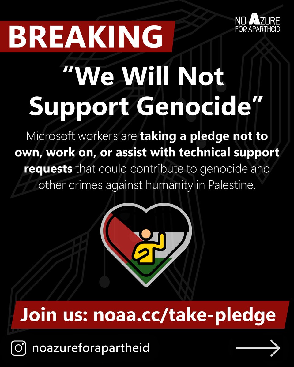 Today, <a href="/Microsoft/">Microsoft</a> workers are taking the pledge to refuse to work on any technical support requests by the Israeli military, Israeli government, Israeli weapons manufacturers, and all businesses contributing to the economy of occupation and genocide.

🧵[1/4]