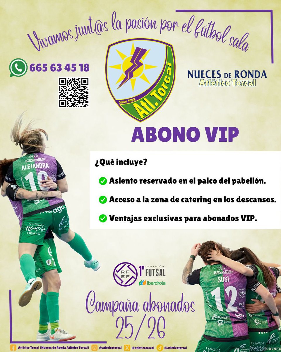 🎟️✨ ¡Hazte con tu abono VIP!

Por solo 100€, vive cada partido desde el palco, con acceso a la zona de catering y muchas ventajas más.

Incluye los partidos de la Copa de S.M. La Reina 🏆

💬 Escríbenos para más info, pregunta sin compromiso.

¡Plazas limitadas!

#GoTorcal 💜💚