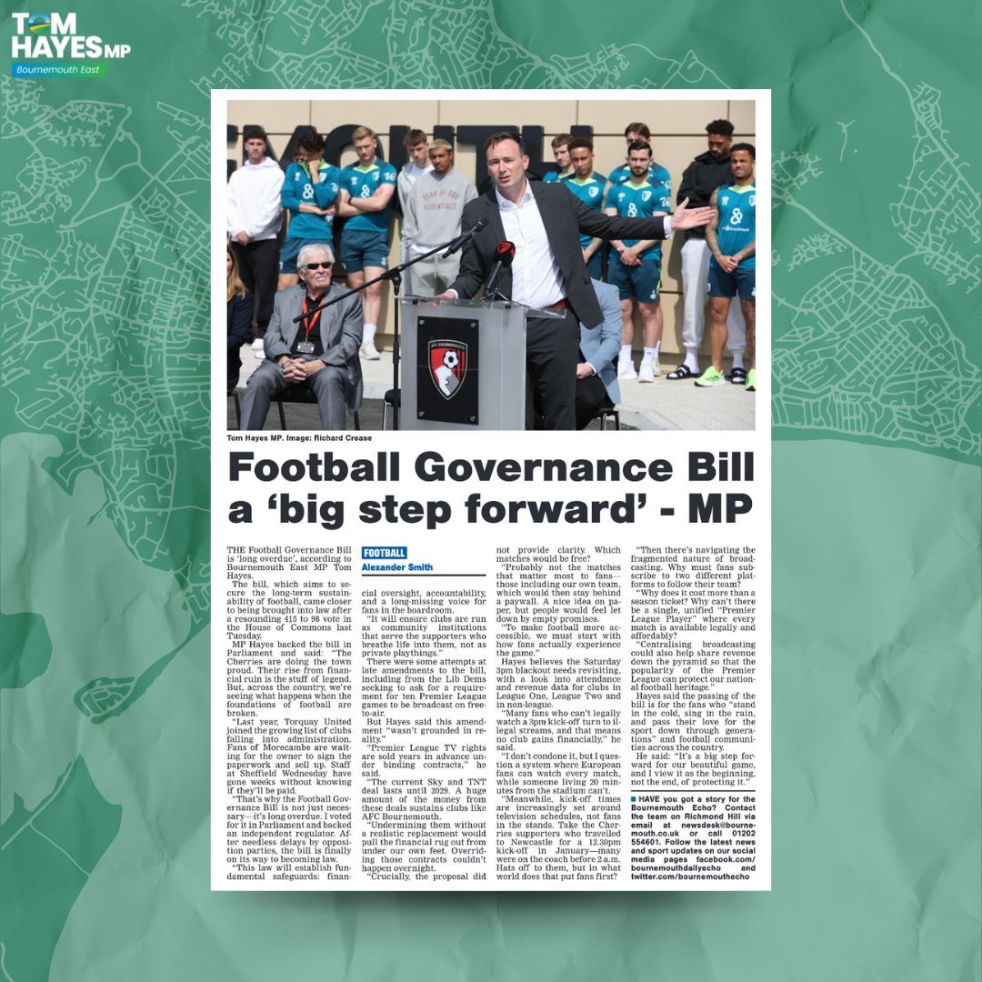 TomHayesBmouth's tweet image. The Football Governance Bill is a much-needed step forward 👇
