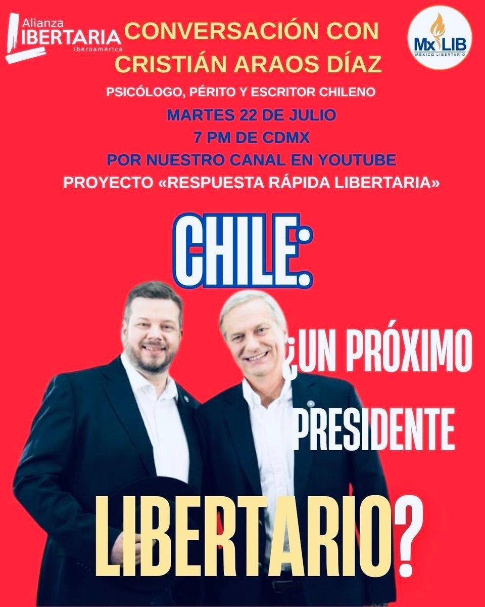 HOY
Conversación con <a href="/iC_A_D/">Cristián Araos Díaz</a> sobre la situación política y las próximas elecciones presidenciales en Chile 🇨🇱

📍Este martes 22 de julio

⏰ 7 pm de CDMX / 9 pm de Santiago

En nuestro proyecto #RespuestaRapidaLibertaria

Véala aquí: youtu.be/da0Ozd4HQmY?si…