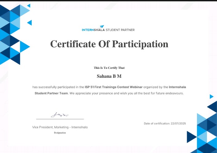 sparktechbytes's tweet image. Grateful to have participated in the ISP 51 First Trainings Contest Webinar by Internshala!
Excited to keep learning, growing, and contributing as part of the ISP journey.
#Internshala #ISP51 #WebinarExperience #LearningNeverStops