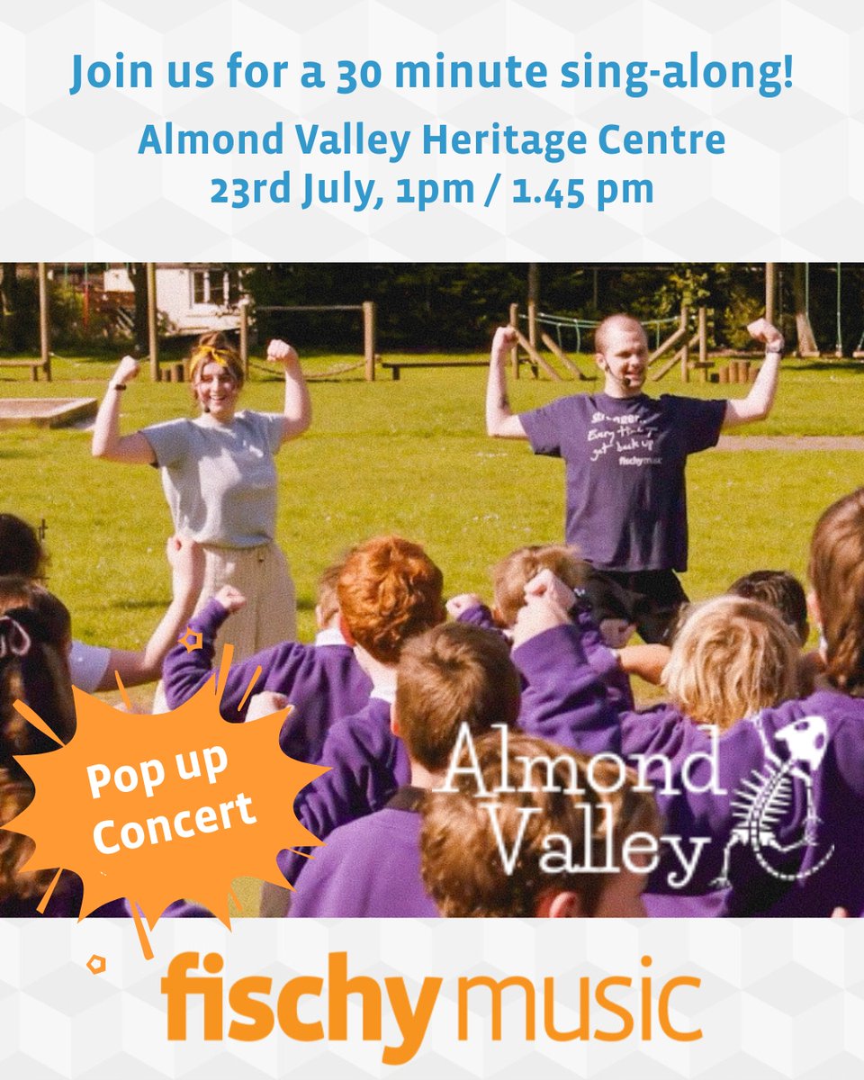 Join Rachel and Lewis at Almond Valley Heritage Centre (almondvalley.co.uk) tomorrow for a Fischy Music sing-along! 🎶🤩

Or if you live too far to join in person, have a sing-along at home: fischy.com/families/liste…

#SchoolHolidays  
#FamilyMusic