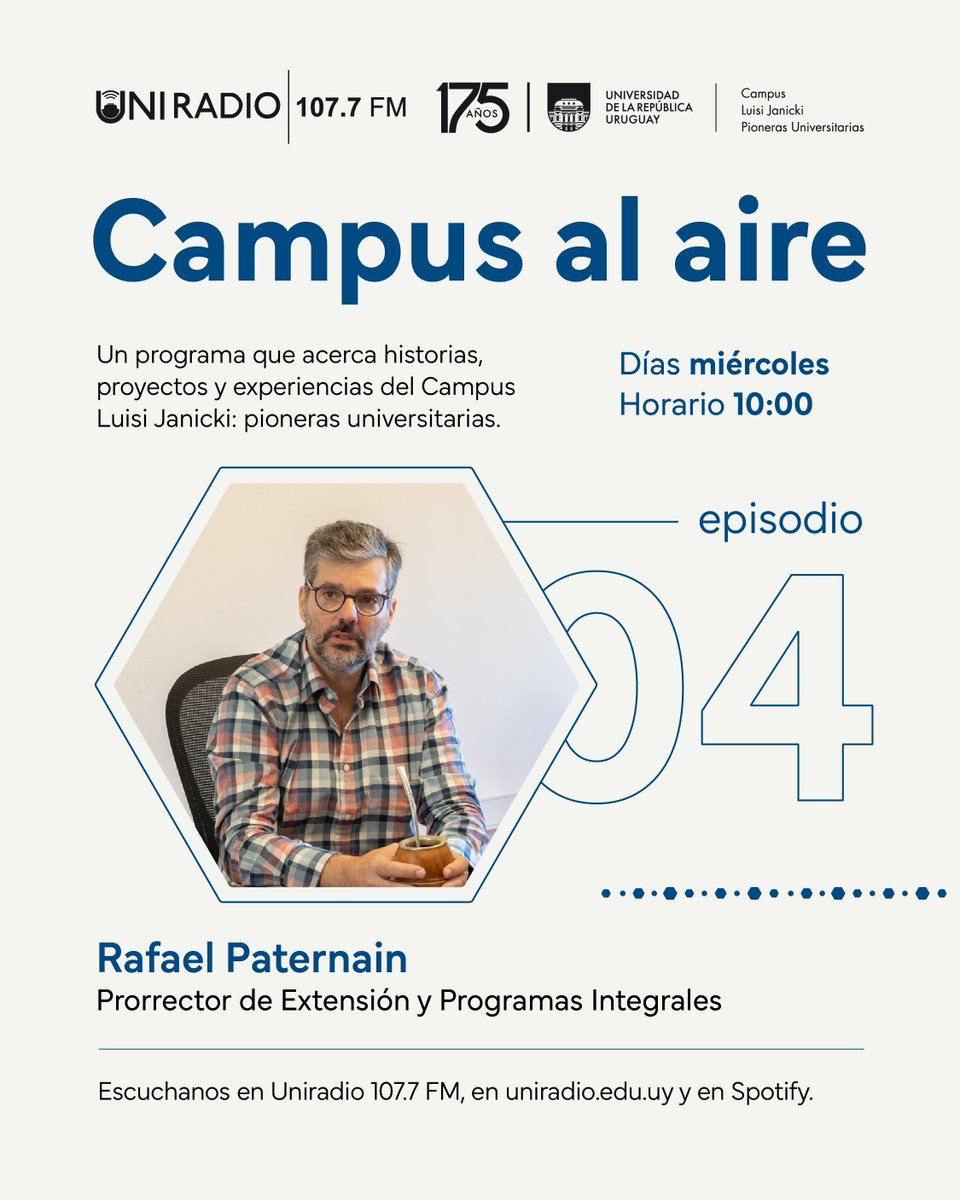Universidad de la República (@udelaruy) on Twitter photo 🎙️¡Sintonizá el cuarto episodio del ciclo «Campus al aire»!
🗣️ Participará el prorrector de <a href="/extensionudelar/">Extensión Udelar</a>, <a href="/RPaternain/">Rafael Paternain</a>.
🎧 Escuchá el ciclo en vivo los miércoles a las 10h por @uniradioudelar (107.7 FM). 🎙️¡Sintonizá el cuarto episodio del ciclo «Campus al aire»!
🗣️ Participará el prorrector de <a href="/extensionudelar/">Extensión Udelar</a>, <a href="/RPaternain/">Rafael Paternain</a>.
🎧 Escuchá el ciclo en vivo los miércoles a las 10h por @uniradioudelar (107.7 FM).