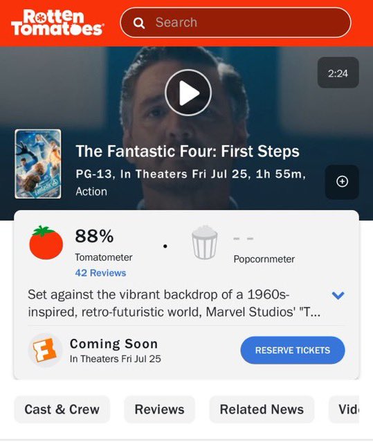 F4sUpdate's tweet image. ‘THE FANTASTIC FOUR: FIRST STEPS’ begins with an 88% on Rotten Tomatoes. 💙