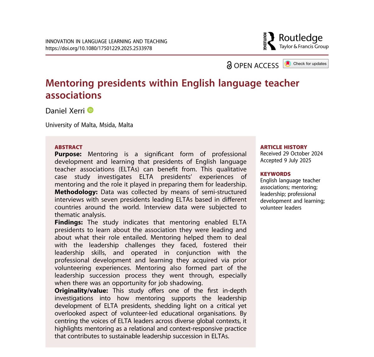 Newly published study on mentoring presidents within English language teacher associations.

Thanks to the participants for sharing their experiences, and the guest editors of the Special Issue that this open access article forms part of.

doi.org/10.1080/175012…