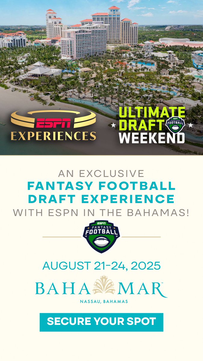 MikeClayNFL's tweet image. Join us for the ESPN Fantasy Football Ultimate Draft Weekend in the Bahamas August 21-24! Bahamar.com/draft