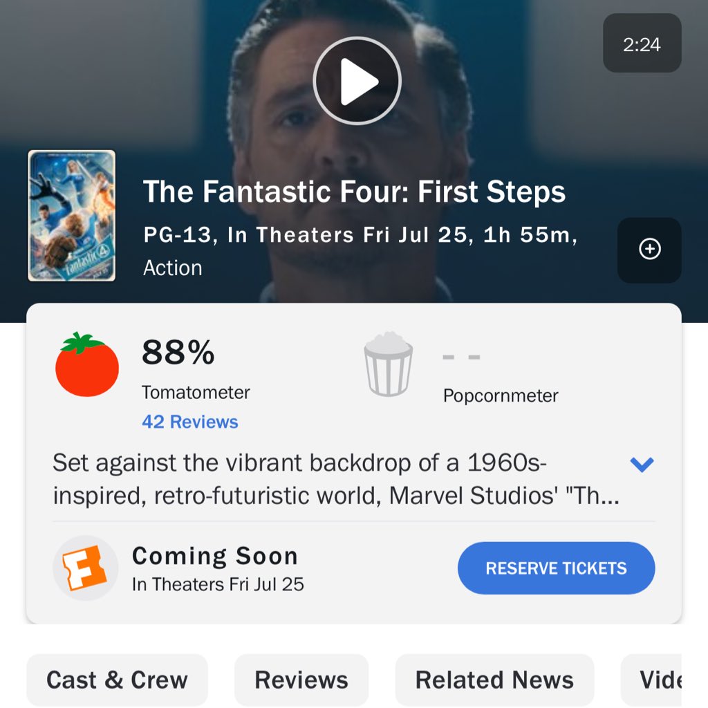 HollywoodHandle's tweet image. ‘THE FANTASTIC FOUR: FIRST STEPS’ debuts with a 88% score on Rotten Tomatoes 🍅
In theaters this Friday.