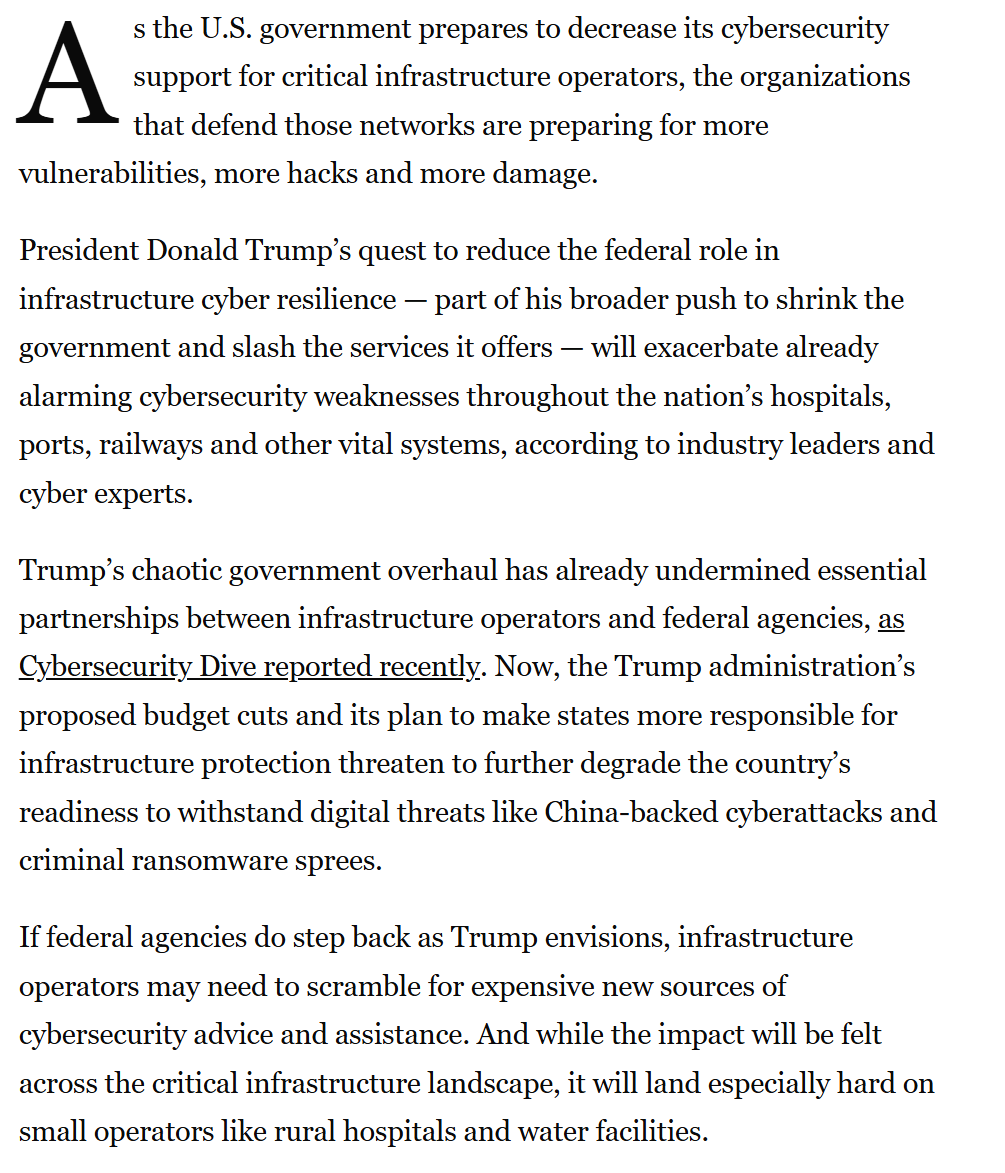 ericgeller's tweet image. Trump wants to shift critical infrastructure protection responsibilities to the states. What would that mean for cybersecurity? Less support, more vulnerabilities, and more attacks, experts and industry leaders told me.
My new story: cybersecuritydive.com/news/critical-…
