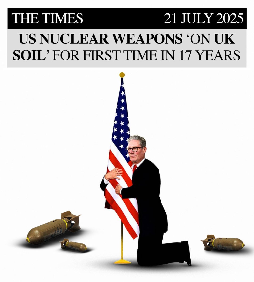 DaveDooganSNP's tweet image. 🇺🇸 For the first time since 2008, US nuclear weapons have reportedly returned to British soil.
🥀 Labour’s insistence on pandering to the US and Trump is nothing short of embarrassing.
🏴 Independence is the only way Scotland will ever escape this lunacy.