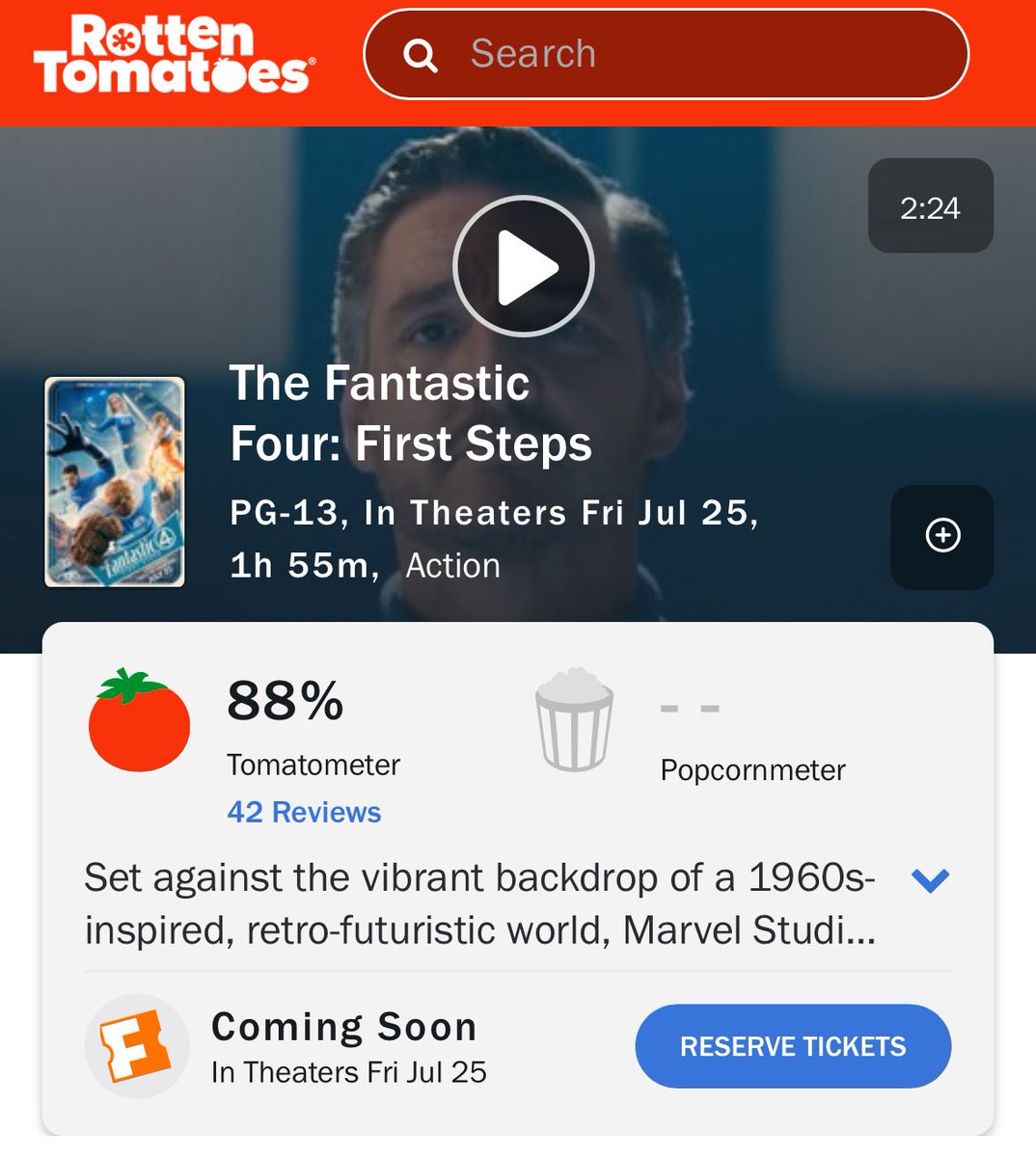 almanaquedisney's tweet image. AMADOS E ACLAMADOS! 4️⃣
‘Quarteto Fantástico: Primeiros Passos’ estreia com 88% de aprovação no Rotten Tomatoes, com 42 críticas agregadas.