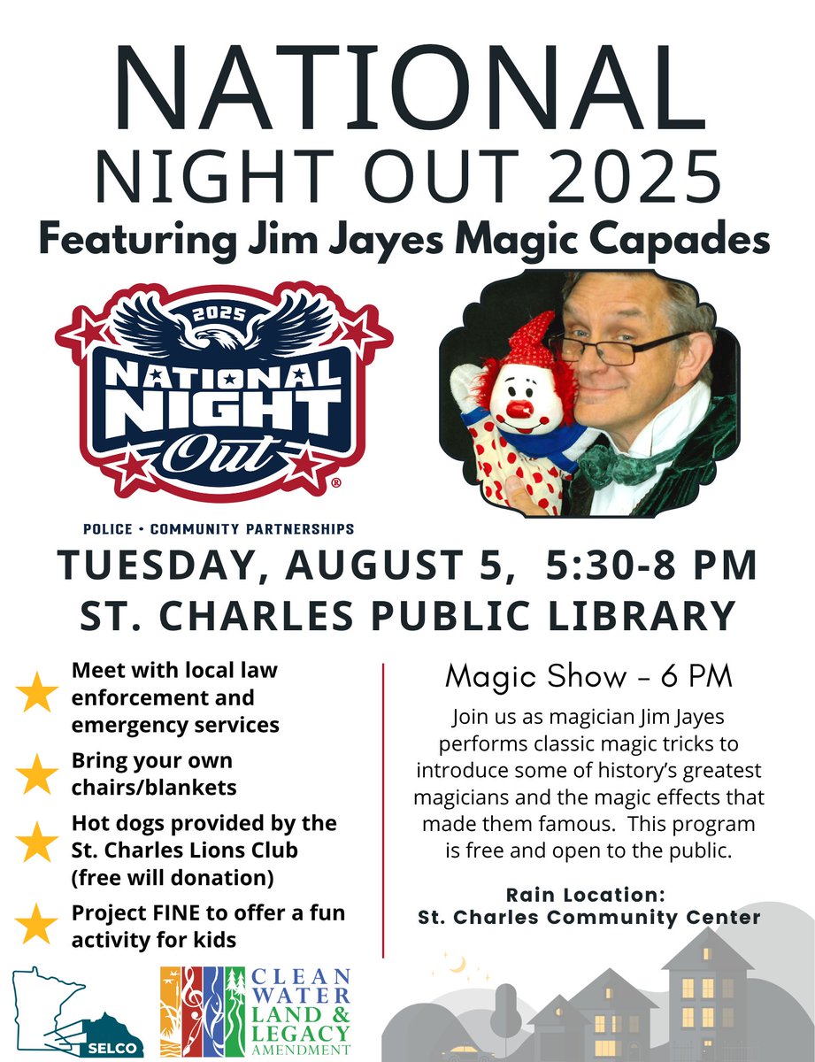 Mark your calendars! Come join us at National Night Out, Tuesday, August 5, 2025, from 5:30PM-8PM, at the St. Charles Public Library.