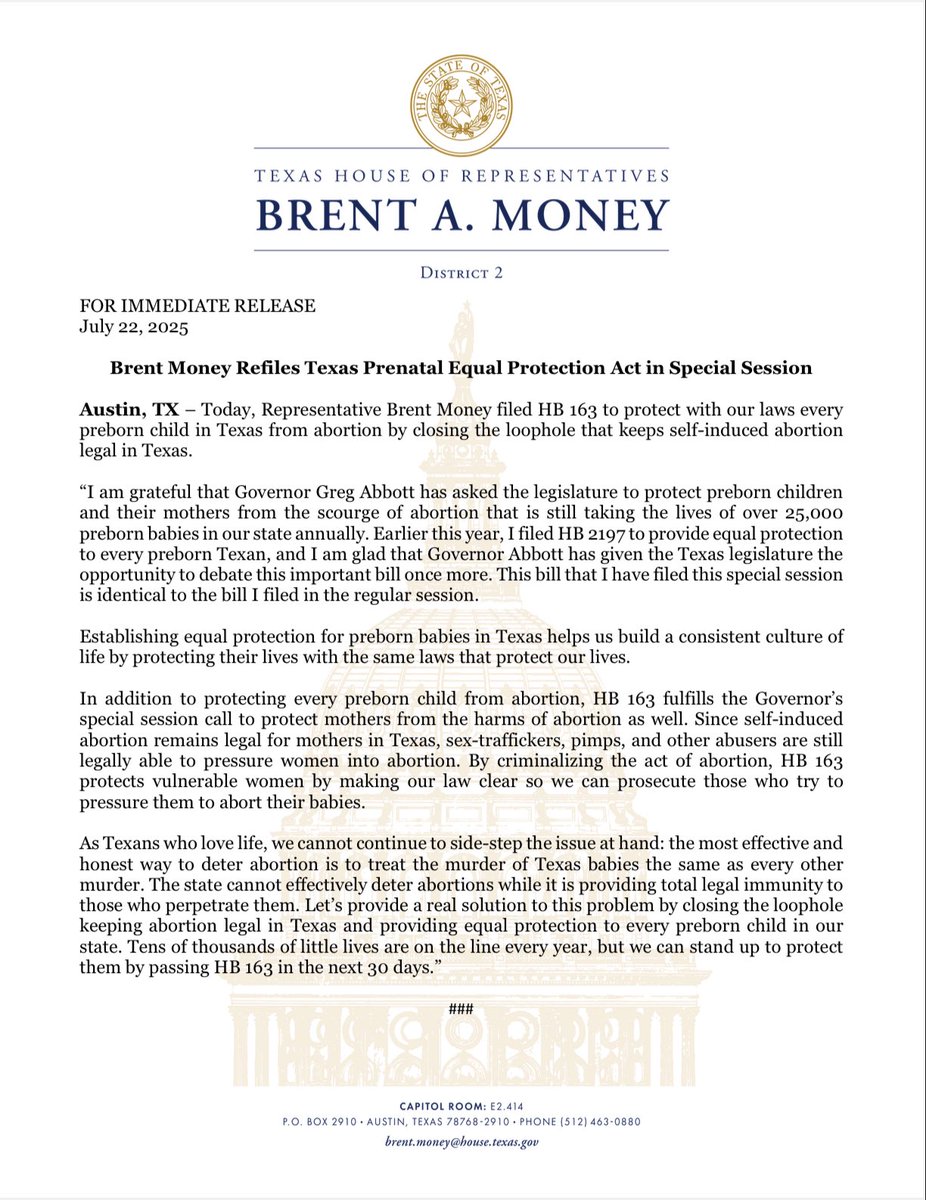 BrentMoneyTX's tweet image. Among the priorities in the Governor’s special session call was a measure to protect unborn children and their mothers from the harms of abortion. In response, I have refiled the Prenatal Equal Protection Act. Texas remains firmly committed to defending life at every stage,…