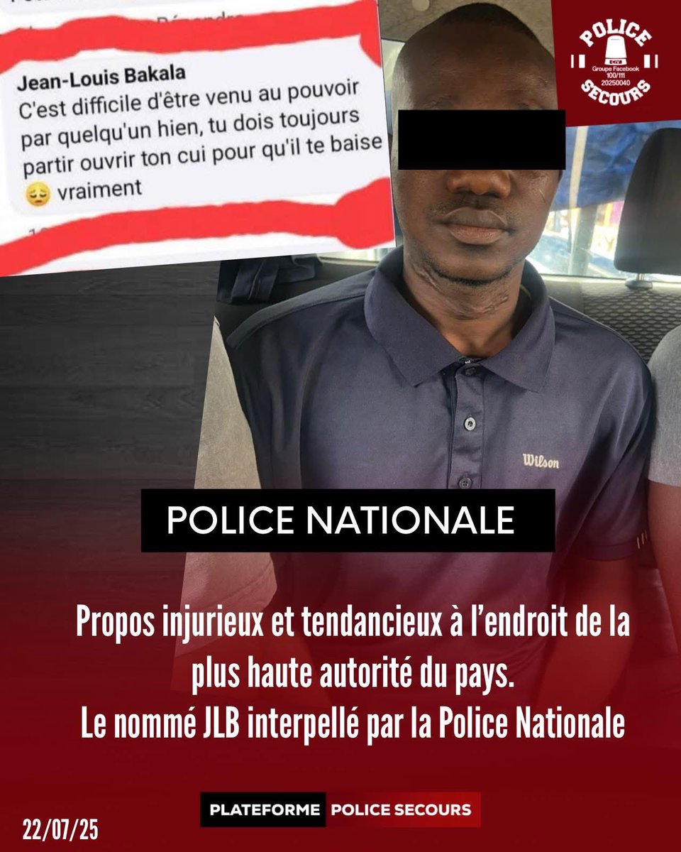 🔴ABIDJAN : Propos injurieux et tendancieux à l’endroit de la plus haute autorité du pays sur Facebook. 
Le nommé J.L.B interpellé par la Police Nationale.