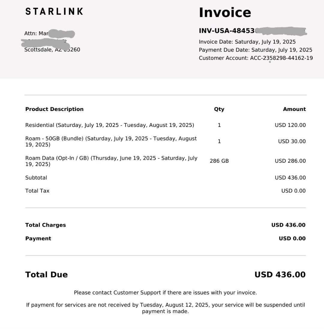 EVdayExplorer's tweet image. Just got my @Starlink bill for the past month... ouch!! I thought I changed to unlimited for $135 before my 3 week road trip, so I had it on constantly so I wouldn't lose connection in remote areas. Maybe I missed the final step and didn't complete the change. I should call them.