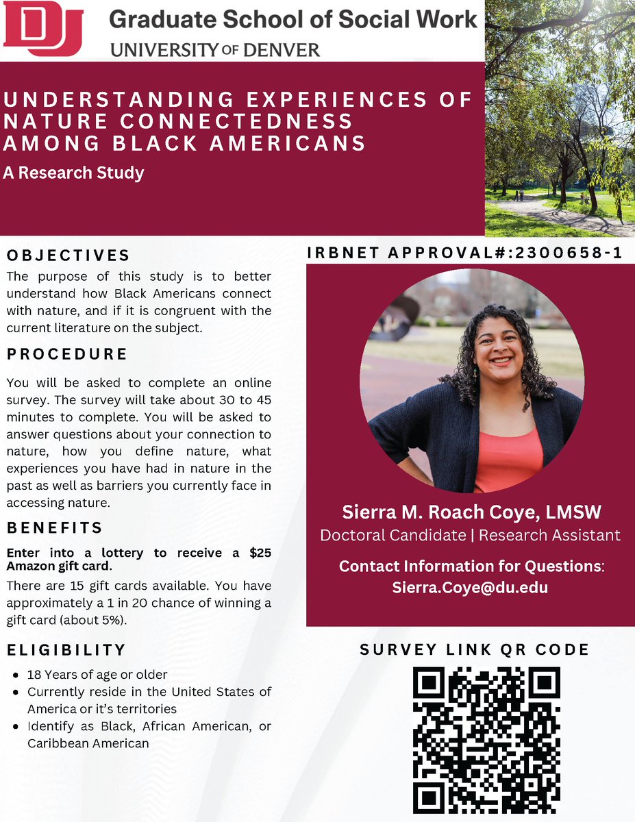 Grand Challenges for Social Work (@gcsocialwork) on Twitter photo Call for participants! Doctoral student from the <a href="/GSSWDenver/">GSSW U of Denver</a> is leading a study to better understand how Black Americans connect with nature. See the flyer for further details & contact info. Take the survey: udenver.qualtrics.com/jfe/form/SV_cZ… Call for participants! Doctoral student from the <a href="/GSSWDenver/">GSSW U of Denver</a> is leading a study to better understand how Black Americans connect with nature. See the flyer for further details & contact info. Take the survey: udenver.qualtrics.com/jfe/form/SV_cZ…