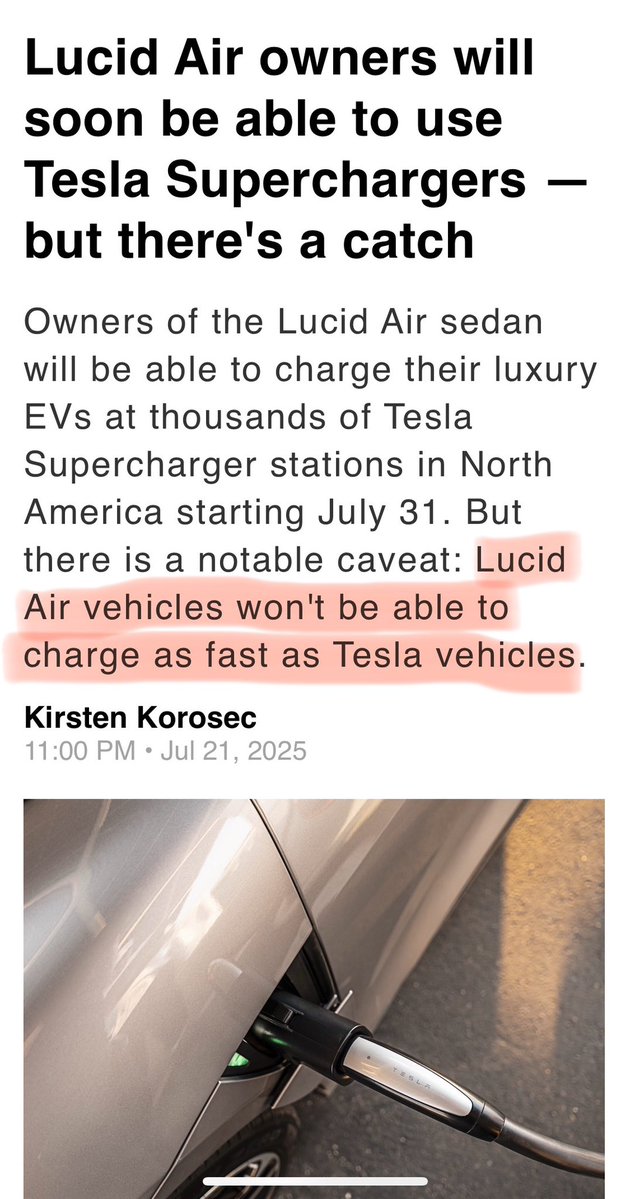 kylaschwaberow's tweet image. $LCID up 10% on the news they can now charge at a small percentage of Tesla superchargers, and only at a percentage of the speed of the Tesla charging right next to them.
