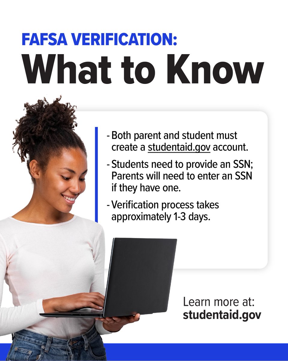 NYSStudentAid's tweet image. FAFSA plays a crucial role for any aspiring college student, and understanding the key components of FAFSA verification is essential for a smooth financial aid process.
Learn more about FAFSA verification here: bit.ly/46FAadB
#HESC #HigherEducation #FinancialAid #FAFSA