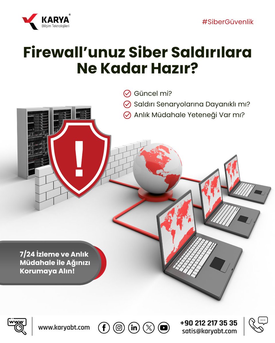 Firewall’unuz Siber Saldırılara Ne Kadar Hazır?

Güncel mi?
Saldırı Senaryolarına Dayanıklı mı?
Anlık Müdahale Yeteneği Var mı?

📩info@karyabt.com
📞0 212 217 35 35
karyabt.com

#SizinleBüyüyorBeraberGüçleniyoruz #FirewallGüvenliği #SiberSaldırılar #AnlıkMüdahale